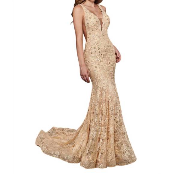 NEW RACHEL ALLAN beaded lace prom gown in champagne
